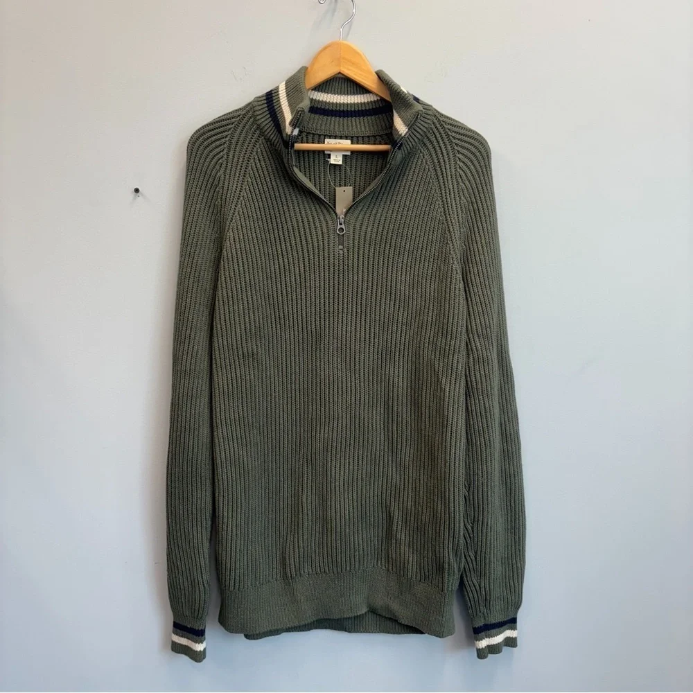 NWT J Crew Sweater Striped‎ Green Mens Large Chunky Knit 1/4 Zip Mock Neck